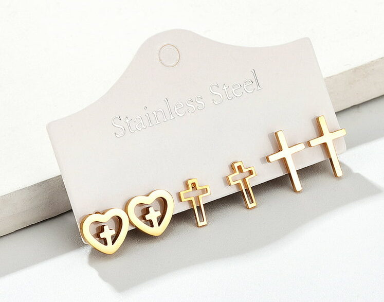 Gold Cross 3 Hole Earrings