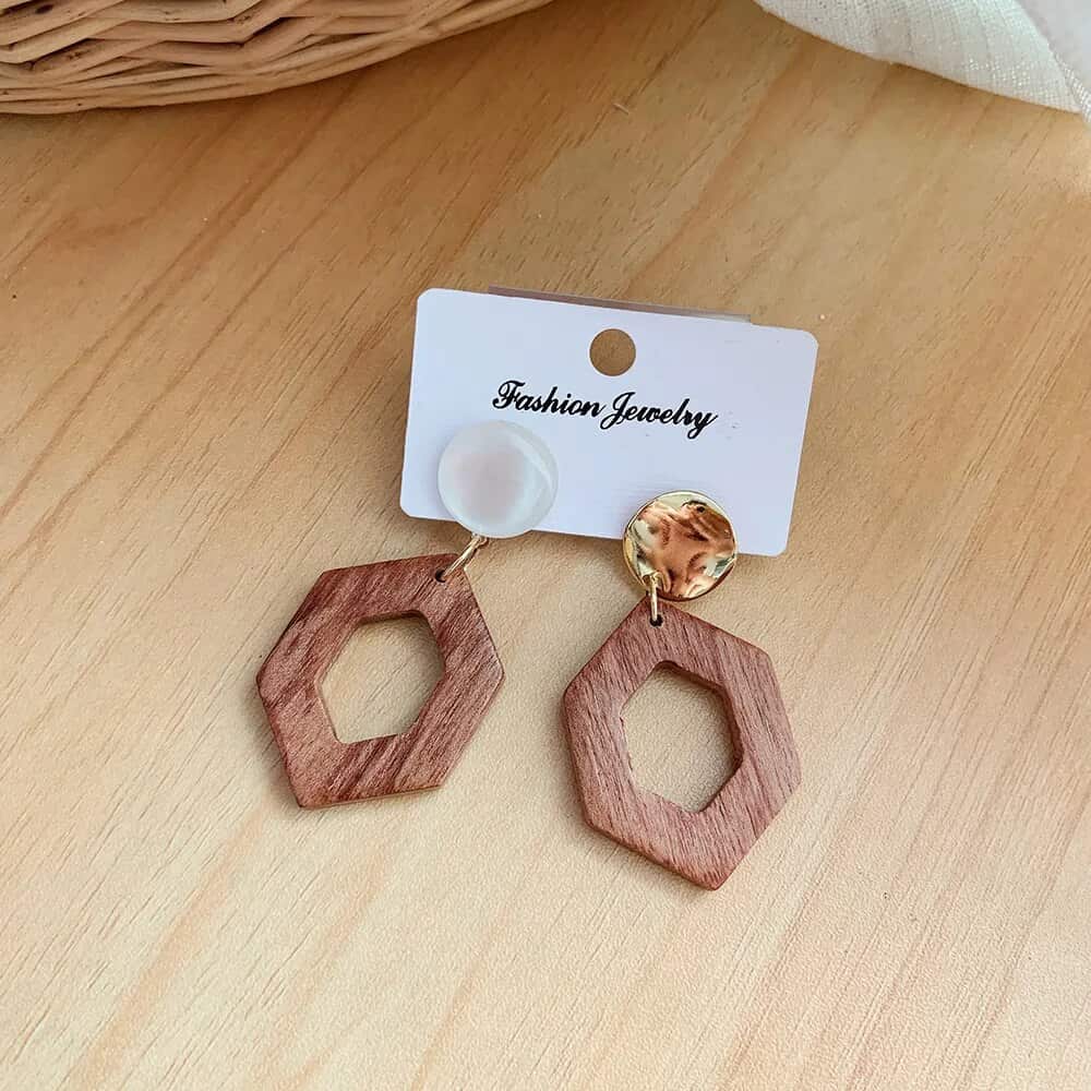 Geometric Brown Wooden Dangle Earrings